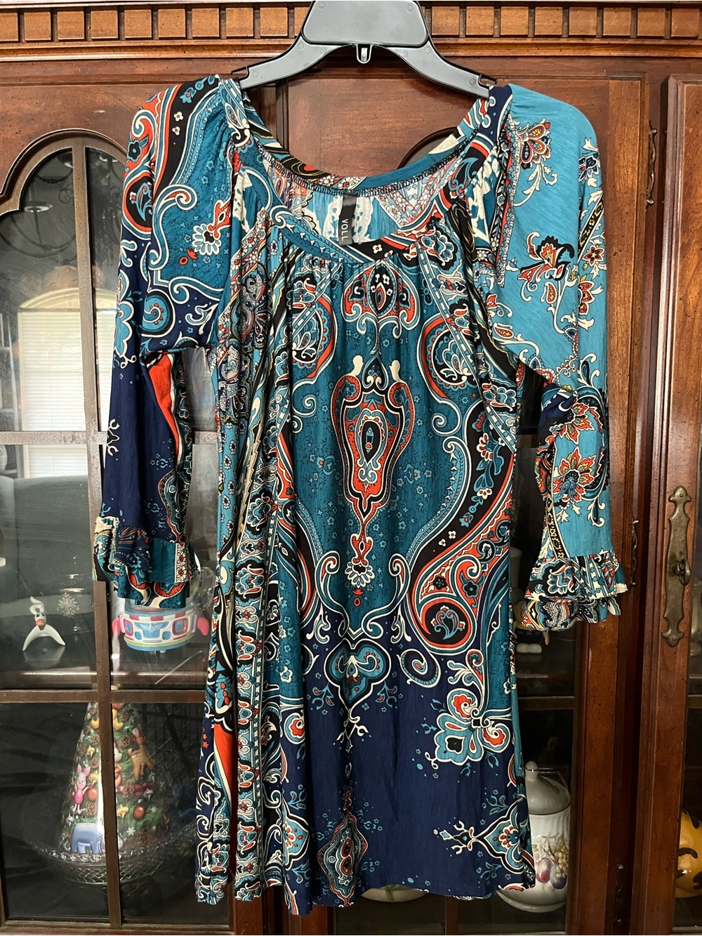 VOLL Women’s Medium Boho Paisley Peasant Tunic Top Bell Sleeve Floral Blouse